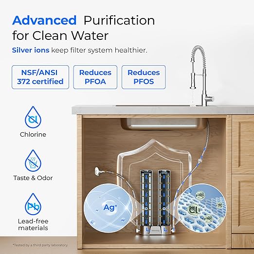 Waterdrop DST Under Sink Water Filter System, Under Sink Water Filtration System, NSF Certified Elements, Reduce Chlorine, PFOA/PFOS, Bad Taste & Odor, Silver Ions Enhanced Filtration, Stainless Steel