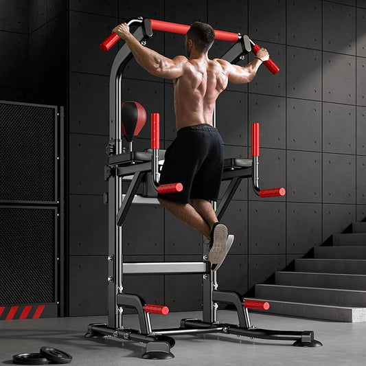 soges Pull Up Bar Dip Station, Power Tower with Boxing Speed Ball & Spinning Target, Adjustable Height Dip Stand Strength Training Fitness Workout Station, Assistive Trainer Pull Up Stand