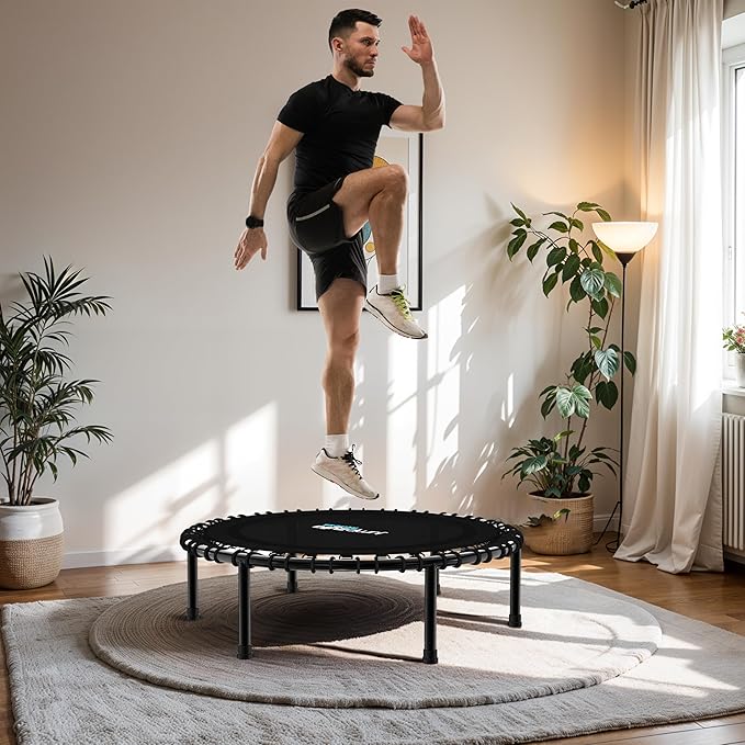 Jumpzylla Fitness Trampoline 40" or 48" | Foldable Mini Rebounder Trampoline for Adults with Bar | Durable, Quiet, Low-Impact Exercise Equipment for Indoor and Home Workouts (550 LBS Capacity)-FlexoryFit