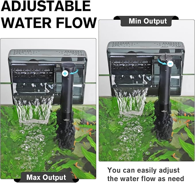 hygger Aquarium HOB Filter 105 GPH for 10-20 Gallon Fish Tank Power Filter with Adjustable Water Flow Extendable Intake Tube External Hang-On Back Filter