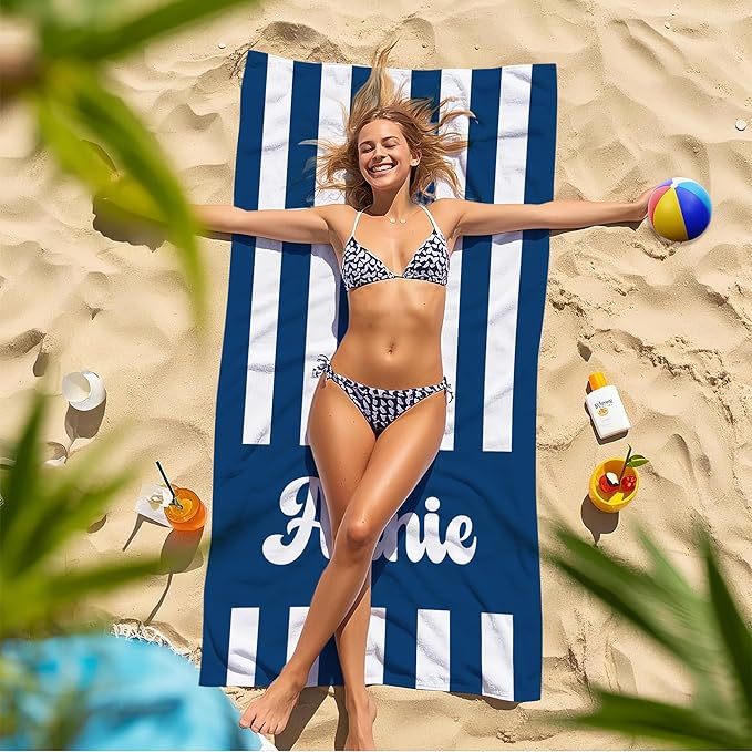 JML Personalized Beach Towel with Name, Custom Cabana Stripe Beach Towel, Customized Microfiber Pool Towel, Quick Dry & Absorbent Swim Towel for Adult,Mother's Day, Birthday, Summer Holiday,Vacation-FlexoryFit