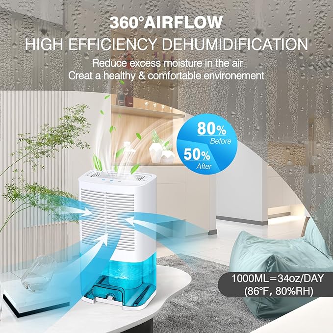 Dehumidifier 68oz(2000ml) Small Dehumidifier with Drain Hose for Up to 650 sq.ft Ultra Quiet Mini Portable Air for Home Basements Bathroom Bedroom Closet Kitchen RV