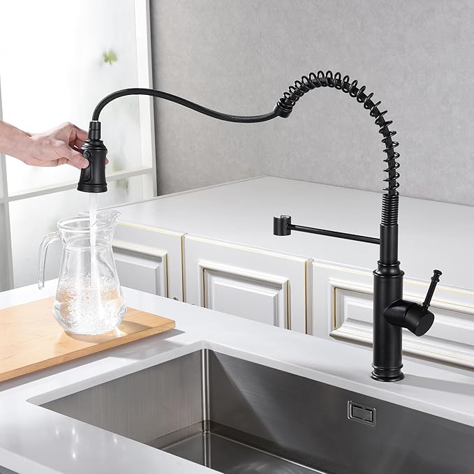 Sumerain Pull-Out Spring Sprayer Kitchen Sink Faucet with 360° Rotating Spout and Single Level Handle, Matte Black