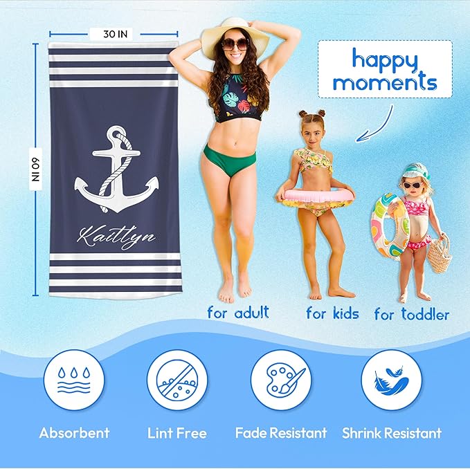 JML Personalized Beach Towel with Name, Custom Anchor Beach Towel, Customized Microfiber Pool Towel, Quick Dry & Absorbent Swim Towel for Adult,Anniversary, Birthday, Summer Holiday,Vacation-FlexoryFit