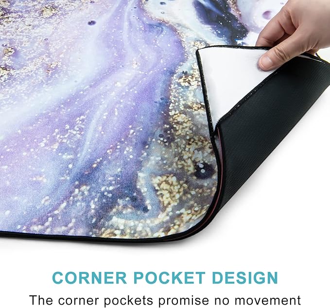 QiyI Yoga Mat Towel with Corner Pockets, Non Slip Sweat Absorbent Hot Yoga Towels, Soft Yoga Blankets with Travel Bag, Skidless Mat Cover for Workout, Gym, Fitness - 74"x26", Purple Gold Marble-FlexoryFit