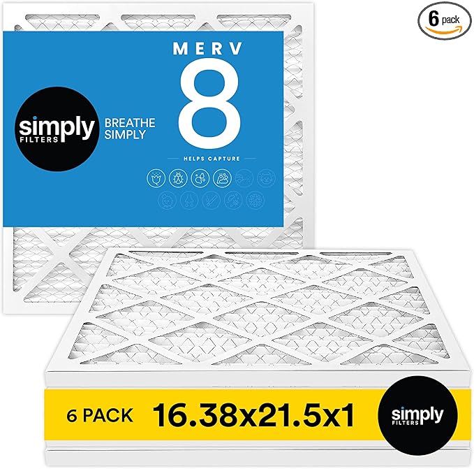 Simply 16.38x21.5x1 Air Filter, Merv 8, MPR 600, 6 Pack, For Home AC Furnace & HVAC (Actual Size: 16.13x21.5x"x0.75") DUST, Pet, & Allergy Control