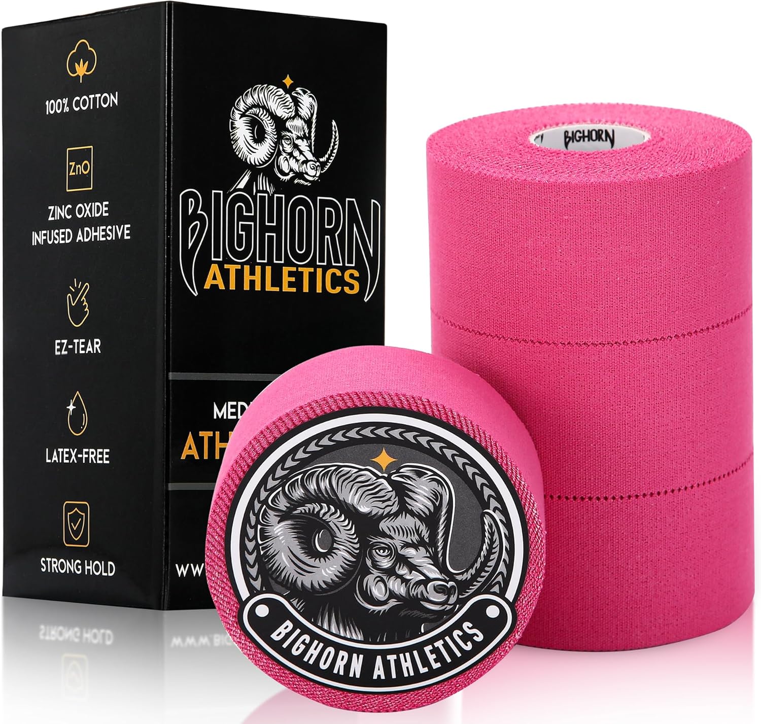 Bighorn Athletics Sports Tape | EZ-Tear Pink Athletic Tape for Wrist, Ankle & Foot Support | Zinc Oxide Infused & Latex-Free Adhesive, Breathable Cotton Fabric, 1.5-Inch x 45-Feet, 4 Rolls, Pink