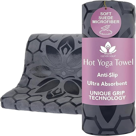 Clever Yoga Non-Slip Hot Yoga Towel – Non-Slip Grip for Hot Yoga, Sweat Absorbent, Honeycomb Silicone Grip, Stays Flat – Ideal for Pilates, Travel, Washable & Lightweight - Gray-FlexoryFit