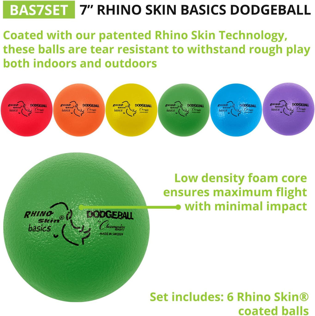 Champion Sports Rhino Skin Dodgeball Set – 6 Soft Foam Dodgeballs with Tear-Resistant Coating, Grip Surface, Low Bounce, Mesh Bag, Indoor & Outdoor Playground or PE Class Ball Set – 6” or 7”