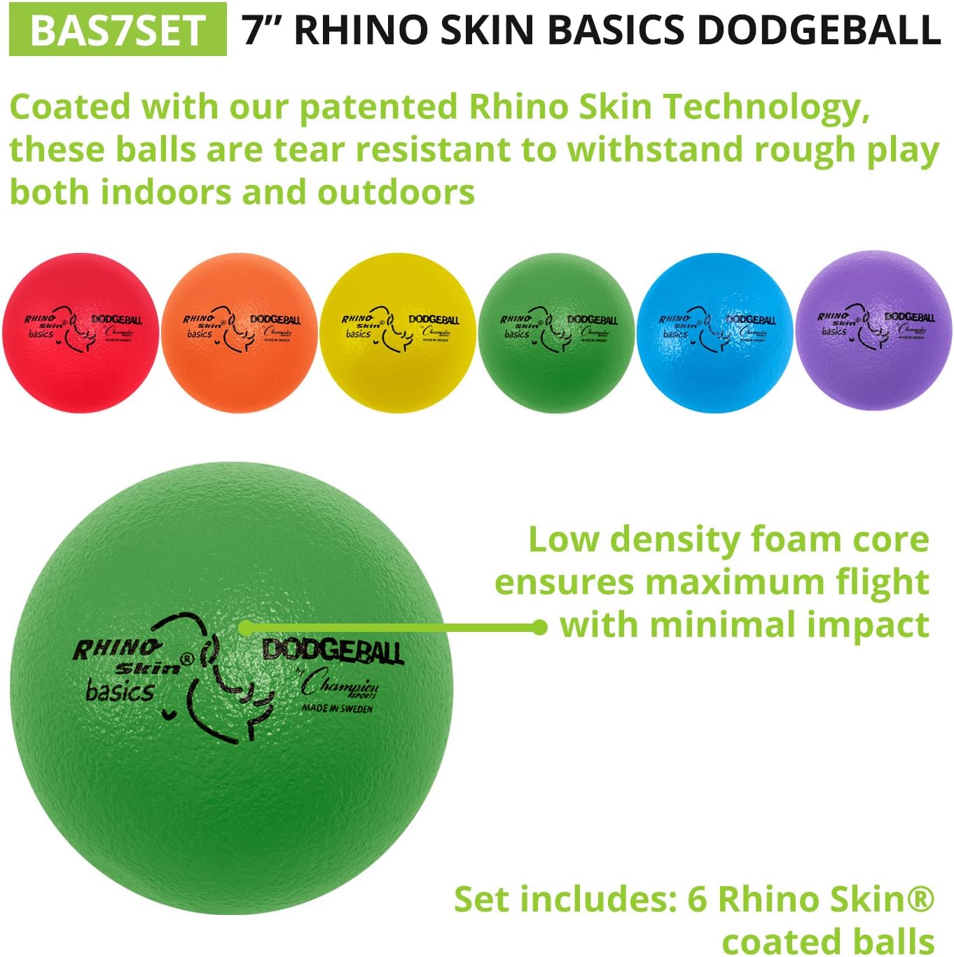 Champion Sports Rhino Skin Dodgeball Set – 6 Soft Foam Dodgeballs with Tear-Resistant Coating, Grip Surface, Low Bounce, Mesh Bag, Indoor & Outdoor Playground or PE Class Ball Set – 6” or 7”