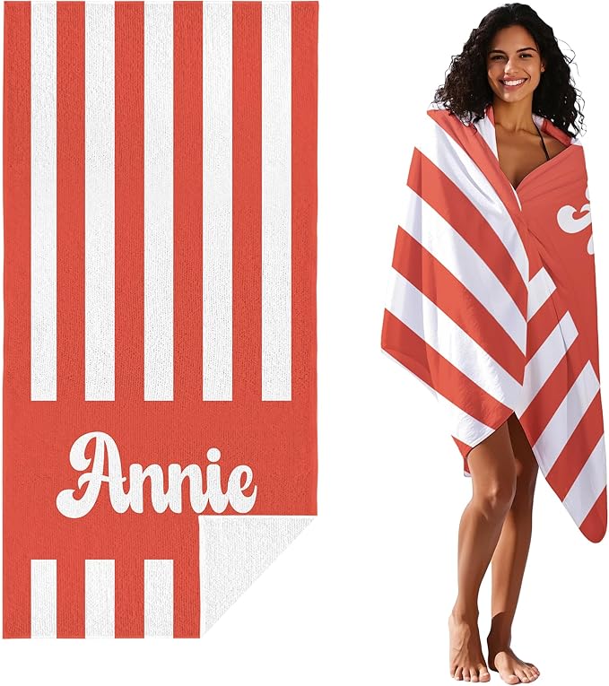JML Personalized Beach Towel with Name, Custom Cabana Stripe Beach Towel, Customized Microfiber Pool Towel, Quick Dry & Absorbent Swim Towel for Adult,Mother's Day, Birthday, Summer Holiday,Vacation-FlexoryFit