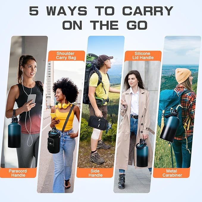 1 Gallon Water Bottle Insulated, Leak Proof 128 oz Stainless Steel Water Jug with Straw/Spout 2-in-1 Lid, Sleeve, Paracord Handle, Silicone Boot, One Gal Metal Canteen for Gym Sport Camping-FlexoryFit