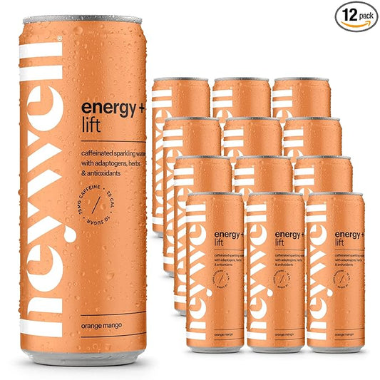 Heywell Sparkling Adaptogenic Water, Energy and Uplift, Orange Mango Flavor 12 Fluid Ounce (Pack of 12) - Non Caffeinated, Organic, Non GMO, Vegan, Gluten Free, Dairy Free-FlexoryFit