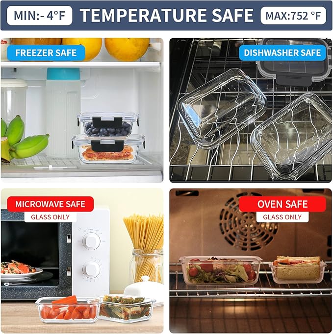 12 Pack Glass Food Storage Containers, Glass Storage Containers with Lids for Meal Prep, Lunch, Airtight, Freezer to Microwave Safe (12 Lids & 12 Containers)-FlexoryFit