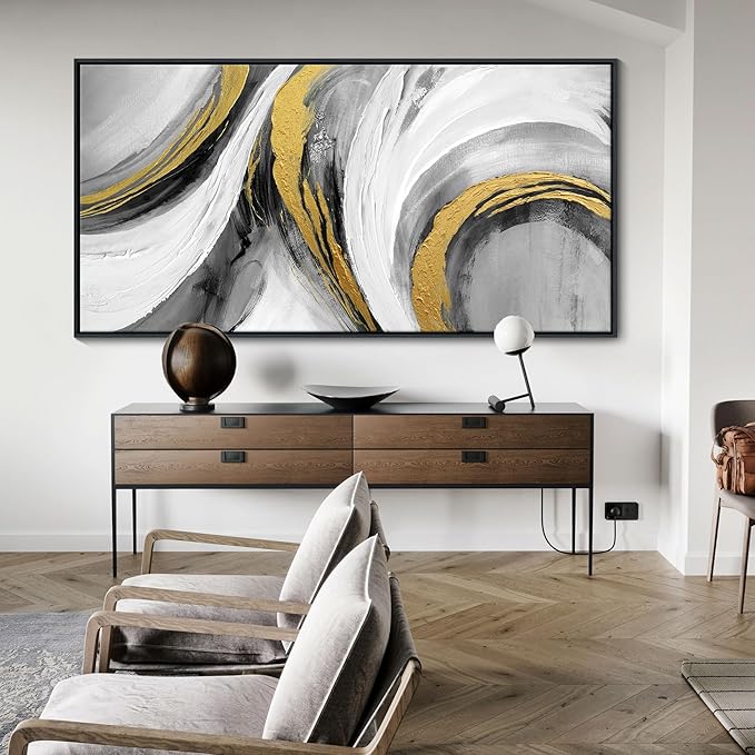 White Gold Wall Art - Abstract Framed Large Size Black White Gold Hand Drawn Textures Artwork Ink Dances With Gold Canvas Painting for Living Room Office Hallway Bed Above Decor 29"X58"-FlexoryFit