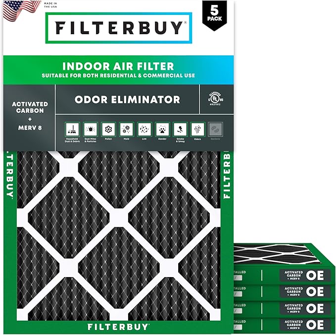 Filterbuy 20x25x1 Air Filter MERV 8 (MPR 700) Odor Eliminator Replacement (5-Pack), Electrostatic Pleated HVAC AC Furnace Filters w/Activated Carbon, Made in USA (Actual Size: 19.50 x 24.50 x 0.75)