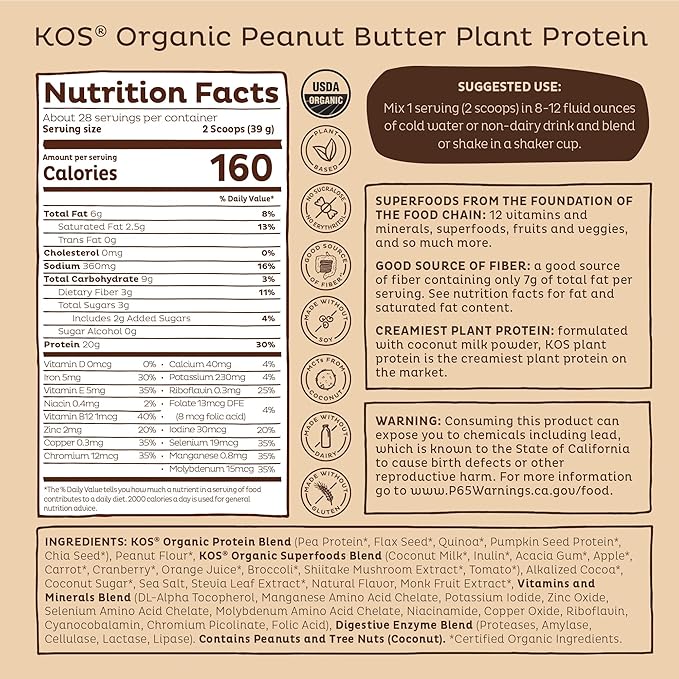 KOS Organic Plant Based Protein Powder, Chocolate Peanut Butter - Delicious Vegan Protein Powder Meal Replacement - Keto Friendly, Gluten Free, Dairy Free & Soy Free - 2.4 lbs, 28 Servings-FlexoryFit