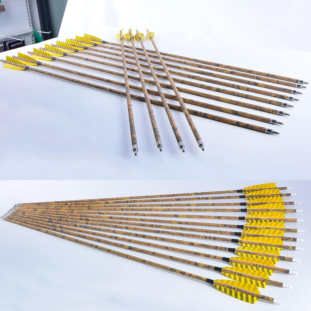 AMEYXGS Camo Carbon Arrow 30 Inch Practice Hunting Arrow Spine 500 with 4 Inch Turkey Feathers for Traditional Recurve Compound Bows