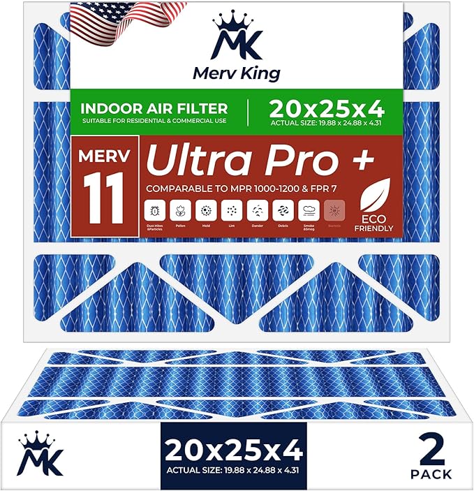 MervKing 20x25x4 Air Filter | MERV 11 | MPR 1000-1200 Ultra Pro | 2-Pack | Pleated HVAC AC Furnace Replacement Air Filters | Actual Size: 19.88" x 24.88" x 4.31"