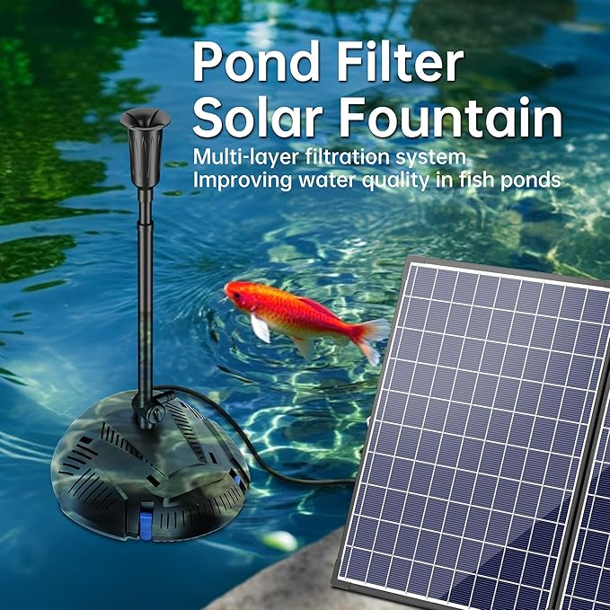 NFESOLAR Solar Fountain Pump with Pond Filter, 50W All-in-one Solar Powered Filter Fountain with 580 GPH Submersible Pump for Outdoor Ponds, Fish Tank, Pool, Garden Waterscape N3305