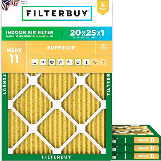 Filterbuy 20x25x1 Air Filter MERV 11 (MPR 1200) Allergen Defense Replacement (4-Pack), Electrostatic Pleated HVAC AC Furnace Filters, Made in USA (Actual Size: 19.50 x 24.50 x 0.75)