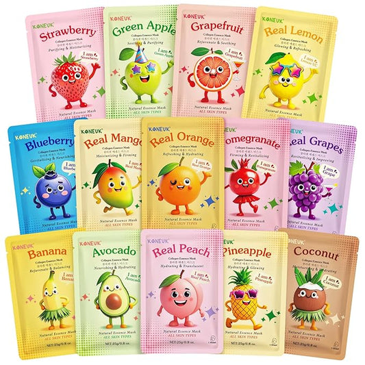 14 Pack Fruit Face Masks Skincare for Kids, Sheet Hydrating Facial Mask for All Skin Types, Bulk Collagen Face Mask for Women Skin Care, Birthday Party Spa Gifts for Teens Girls-FlexoryFit