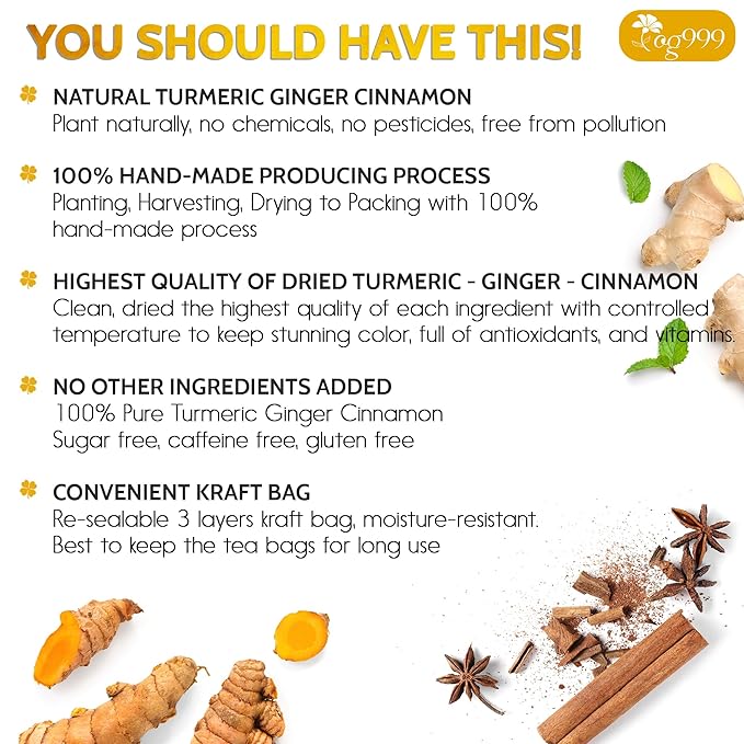 120 Bags Premium Turmeric Ginger Cinnamon Tea, Improve Digestion, Support Brain, Weight, Skin and Sleep, Eco-Conscious Tea Bags and Premium Natural Ingredients. Turmeric Ginger Herbal Tea. No Sugar, No Caffeine, No Gluten, Vegan.-FlexoryFit
