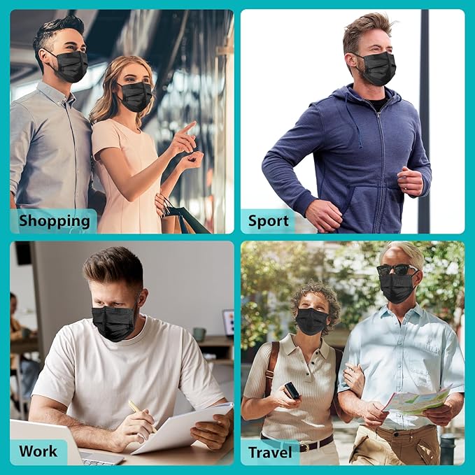100 PCS Disposable Face Masks, Black Disposable Masks, 3 Ply Protection Face Masks-FlexoryFit