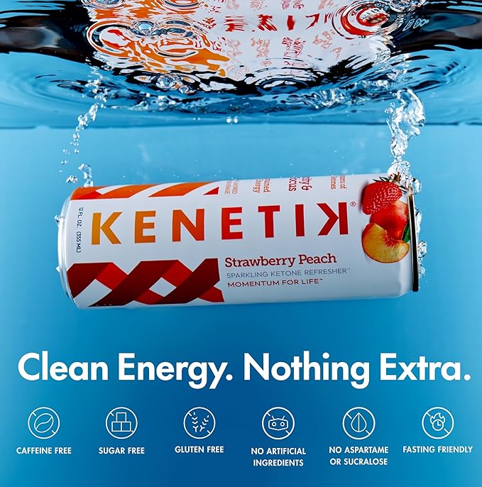 KENETIK Nootropic Ketone Drink, Ketones for Energy & Focus, Caffeine & Sugar Free, High Performance D-BHB Ketone Mix, Fuel w/Zero Crash or Jitters, Ready to Drink - Strawberry Peach 12 Pk-FlexoryFit