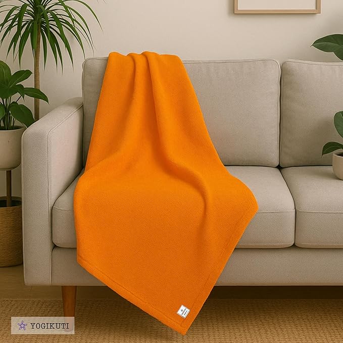 Yogikuti Iyengar Cotton Yoga Blanket Set of One – Thick Handwoven Yoga Blankets for Restorative Yoga, Meditation & Pranayama – Premium Cotton Yoga Blanket for Support & Comfort in Pranayama (Orange)-FlexoryFit