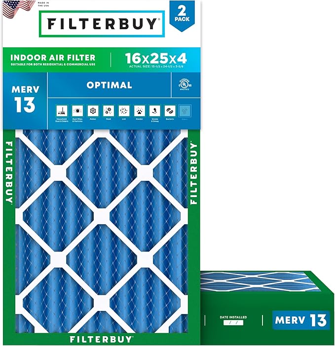 Filterbuy 16x25x4 Air Filter MERV 13 (MPR 1900) Health Defense Replacement (2-Pack), Electrostatic Pleated HVAC AC Furnace Filters, Made in USA (Actual Size: 15.50 x 24.50 x 3.63)