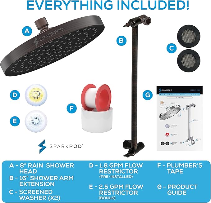SparkPod Round Rain Shower Head with Extension Arm - Height Adjustable Shower Head with High Pressure Performance - Easy 1-Minute Installation (16" Arm Extension, Vintage Oil-Rubbed Bronze)