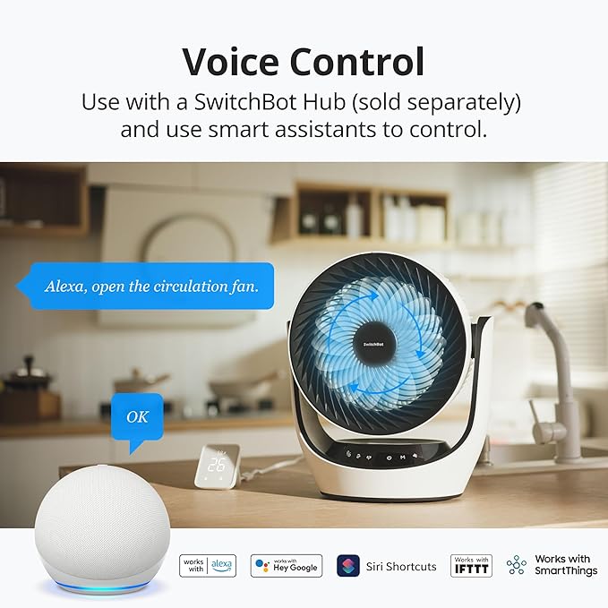 SwitchBot Smart Desk Fan for Bedroom, 22dB Ultra Quiet, 90° Oscillation, Battery Operated, 9 Speeds, 9H Timer, Alexa/Google/Siri Compatible (Hub Required), Portable Air Circulator for Indoor & Outdoor
