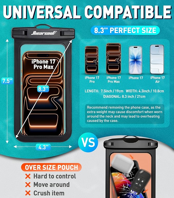 Hiearcool Waterproof Phone Pouch, Waterproof Beach Bag Compatible for iPhone 17 16 15 14 13 Pro Max, IPX8 Cellphone Travel Essentials for Beach -Black & Sky Blue-2Pack