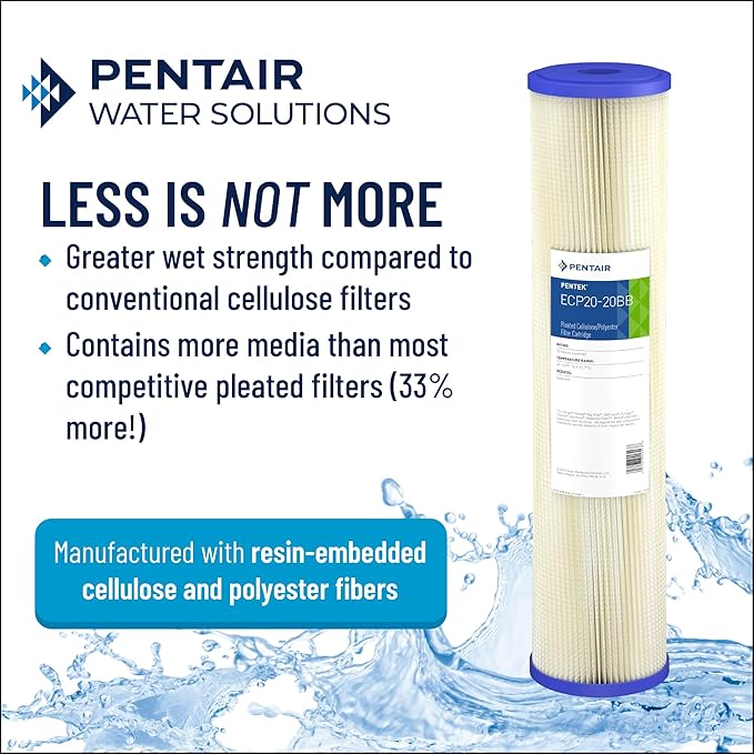 Pentair Pentek ECP50-20BB Big Blue Sediment Water Filter, 20-Inch, Whole House Heavy Duty Pleated Cellulose Polyester Replacement Cartridge, 20" x 4.5", Yellow End-Cap, 50 Micron