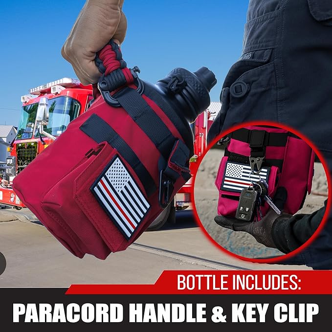 Iron Infidel Battle Bottle - Half Gallon Insulated Water Bottle with Paracord Handle, Large 64 oz Stainless Steel Water Jug with Rugged, Removable Sleeve for Keys, Wallet & Phone (Red Line 2 Liter)-FlexoryFit