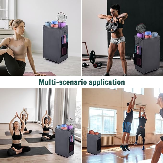 Yoga Mat Storage Racks, Home Gym Storage Rack with Wheels, Yoga Mat Holder Side 2 Mesh Pockets, Yoga Storage Basket Holds 4 Yoga Mats, 2 Foam Rollers, 6 Resistance Bands-FlexoryFit