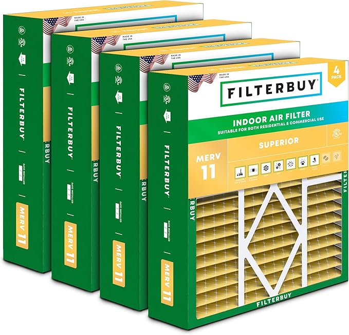Filterbuy 20x25x5 Air Filter MERV 11 (MPR 1200) Allergen Defense (4-Pack), Pleated HVAC AC Furnace Filters for Amana, Coleman, Goodman, Maytag, York, and More (Actual Size: 20.19 x 25.31 x 5.25)