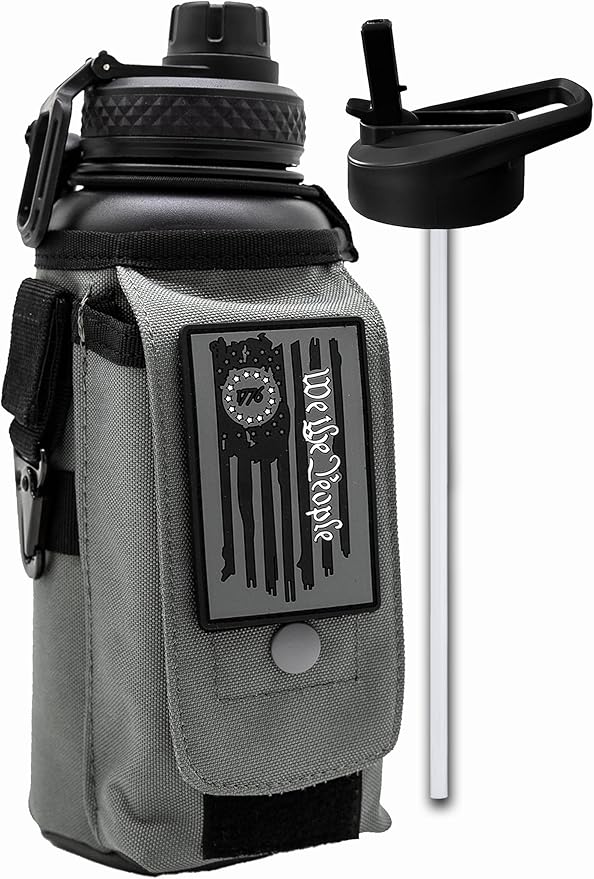 Iron Infidel Battle Bottle - 32 Oz Insulated Water Bottle with Straw Lid & Chug Cap, Stainless Steel Metal Tactical Flask with Rugged, Removable Sleeve for Keys & Phone or Wallet (Betsy Ross 1 Liter)-FlexoryFit