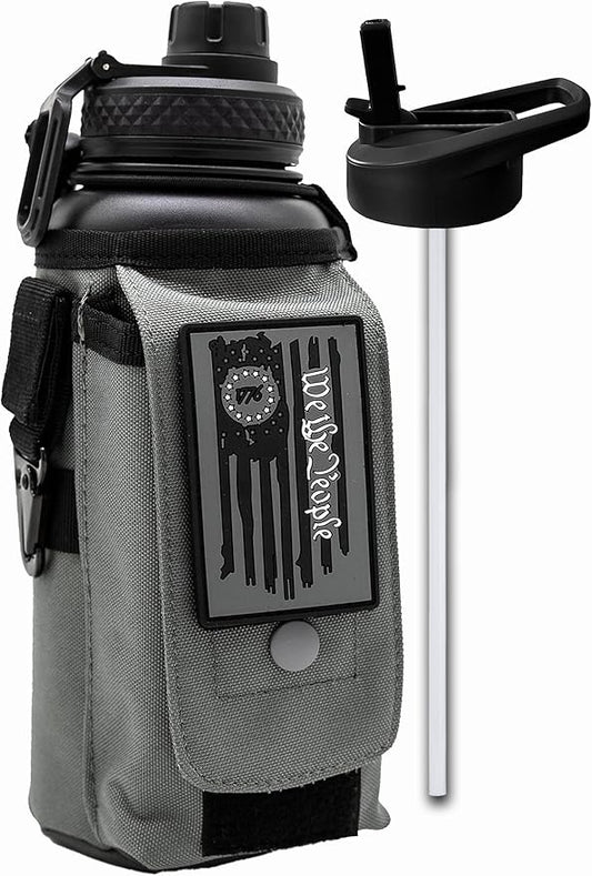 Iron Infidel Battle Bottle - 32 Oz Insulated Water Bottle with Straw Lid & Chug Cap, Stainless Steel Metal Tactical Flask with Rugged, Removable Sleeve for Keys & Phone or Wallet (Betsy Ross 1 Liter)-FlexoryFit