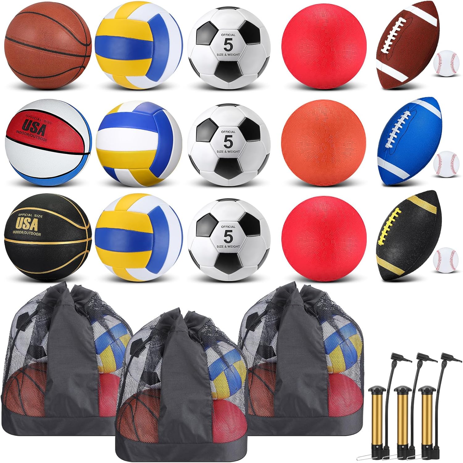 Leyndo 18 Pcs Sport Balls Bulk Set Basketball Football Volleyball Soccer Playground Baseball with Sport Equipment Bag Pump for Youth Adults Outdoor Indoor Practice Gift Back to School