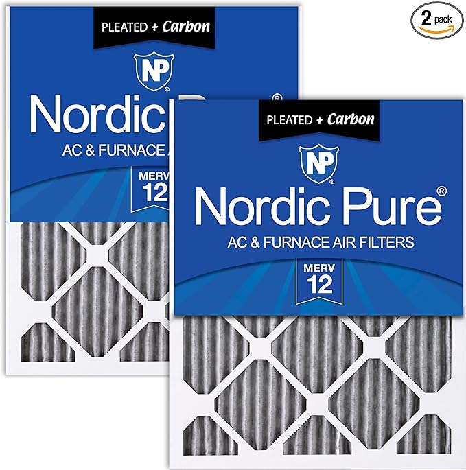 Nordic Pure 20x25x1 (19 1/2 x 24 1/2 x 3/4) Furnace Air Filters MERV 12 Pleated Plus Carbon 2 Pack
