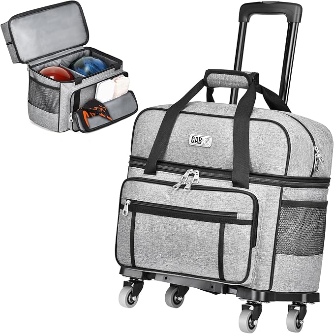 CAB55 2 Ball Bowling Bag with 4 Wheels, Double Bowling Ball Bag with Separate Shoe Compartment, (Up To US Men Size 16), and Multiple Multifunctional Accessory Pockets-FlexoryFit