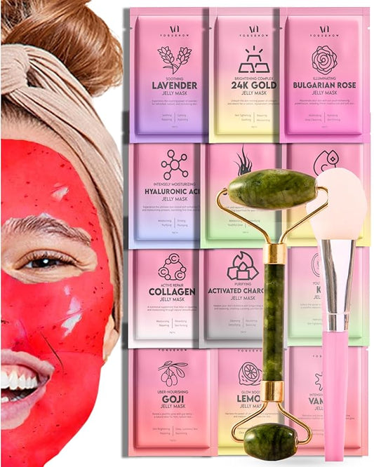 Jelly Mask for Facials - 12 Flavors Hydrating & Brightening Jelly Face Masks | Free Jade Roller & Spatula | Bulgarian Rose, Lavender, Hyaluronic Acid, 24K Gold face mask skin care |Vajacial Jelly Mask-FlexoryFit