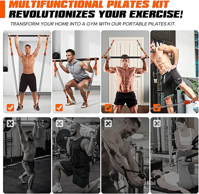 Pilates Bar Kit with Resistance Bands, Heavy Duty Pilates Equipment for Men, Strength Training Bar for Legs, Hip, Back, Arm, Abs, Chest, Shoulders, Portable Home Gym Full Body Workout Equipment-FlexoryFit