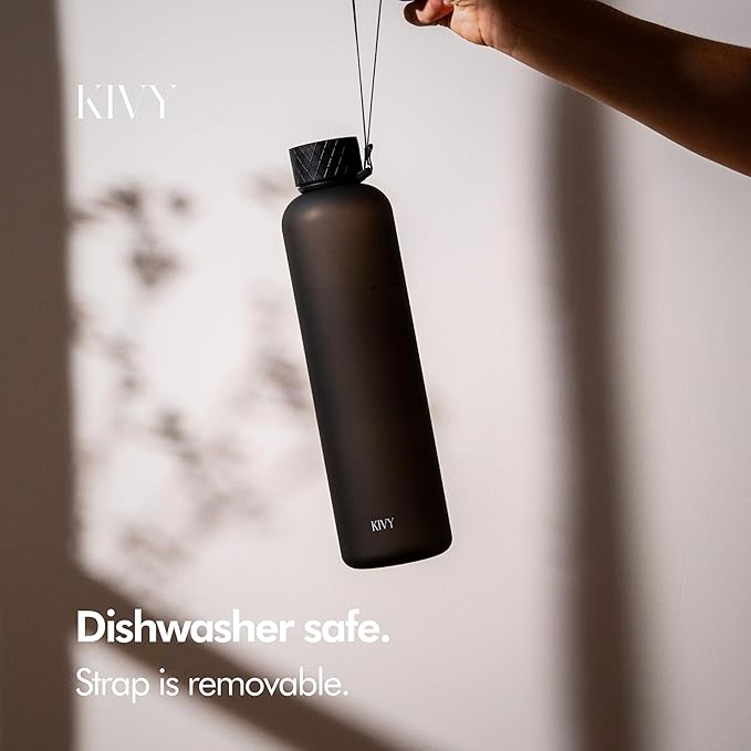 KIVY Slim Water Bottle 32oz [Lightweight & Shatterproof] Fits Backpack & Cupholder for Travel, Sports, School, Gym - Black water bottle no straw - Mens water bottle screw top - Dishwasher Safe-FlexoryFit