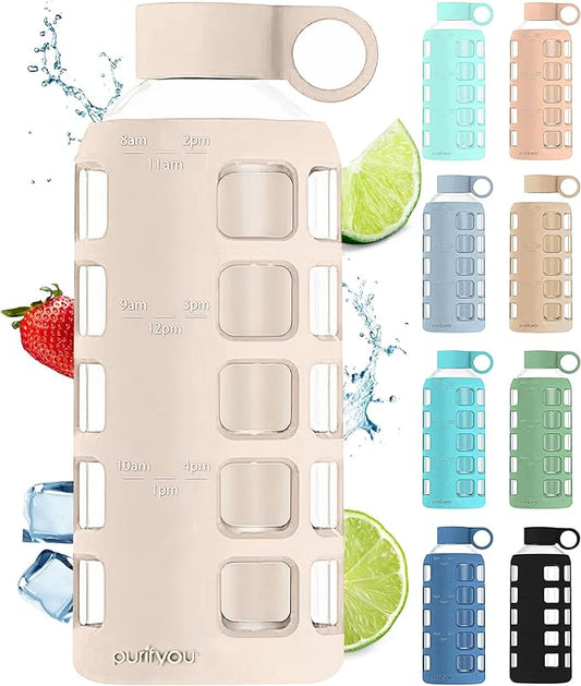 purifyou 40oz / 32oz / 22oz / 12oz Borosilicate Glass Water Bottle with Time & Volume Markers, Silicone Sleeve, Stainless Steel Lid | Reusable Glass Bottle for Water & Juice (22oz Pearled Ivory)