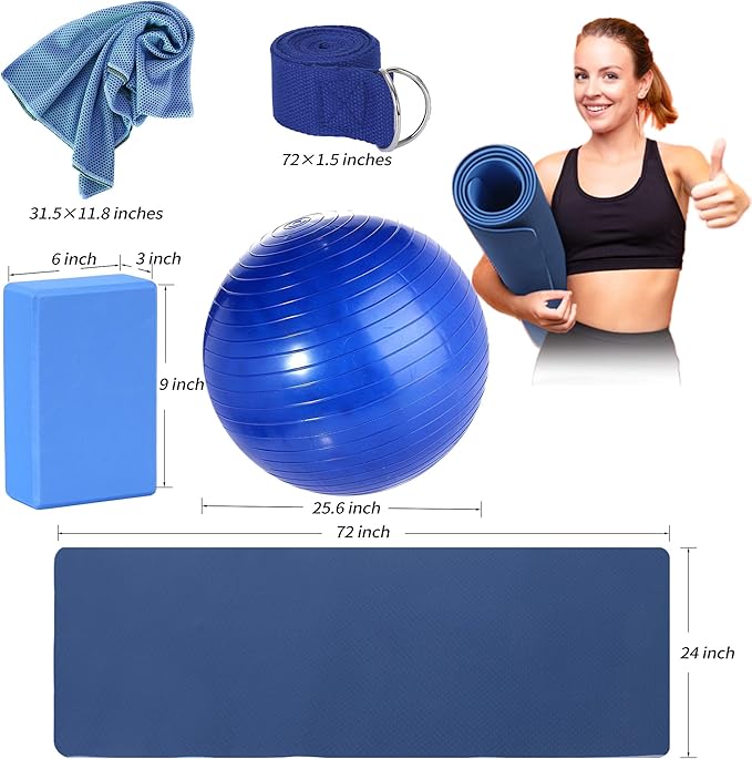 Yoga Starter Kit - 11-Piece Set with Yoga Blocks, Strap, Ball, Mat, Carrying Strap, Net Bag, Cooling Towel-FlexoryFit