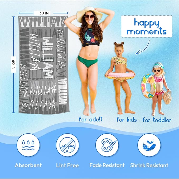 JML Personalized Beach Towel with Name, Custom Beach Towel with Name, Customized Microfiber Pool Towel, Quick Dry & Absorbent Swim Towel for Adult,Anniversary, Birthday, Summer Holiday,Vacation-FlexoryFit