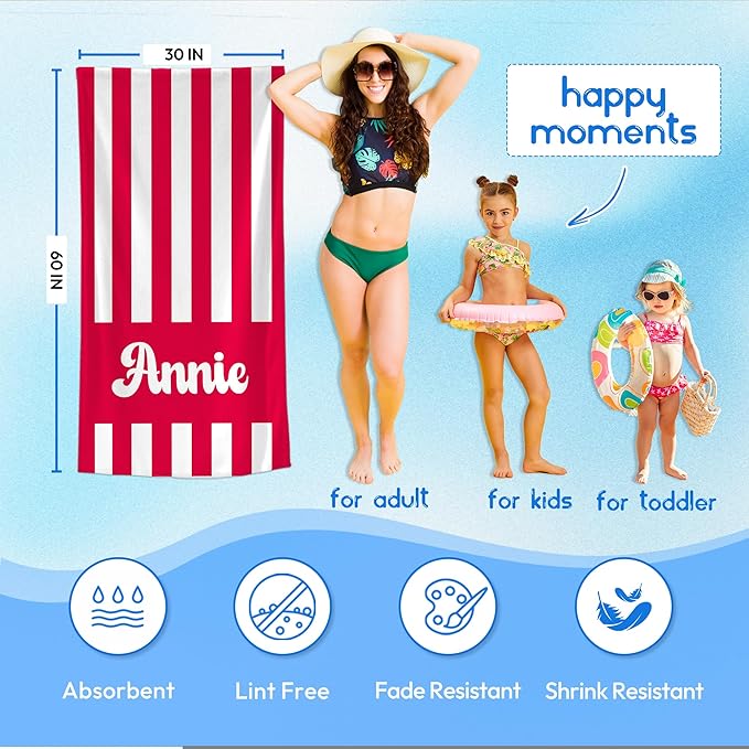 JML Personalized Beach Towel with Name, Custom Cabana Stripe Beach Towel, Customized Microfiber Pool Towel, Quick Dry & Absorbent Swim Towel for Adult,Mother's Day, Birthday, Summer Holiday,Vacation-FlexoryFit